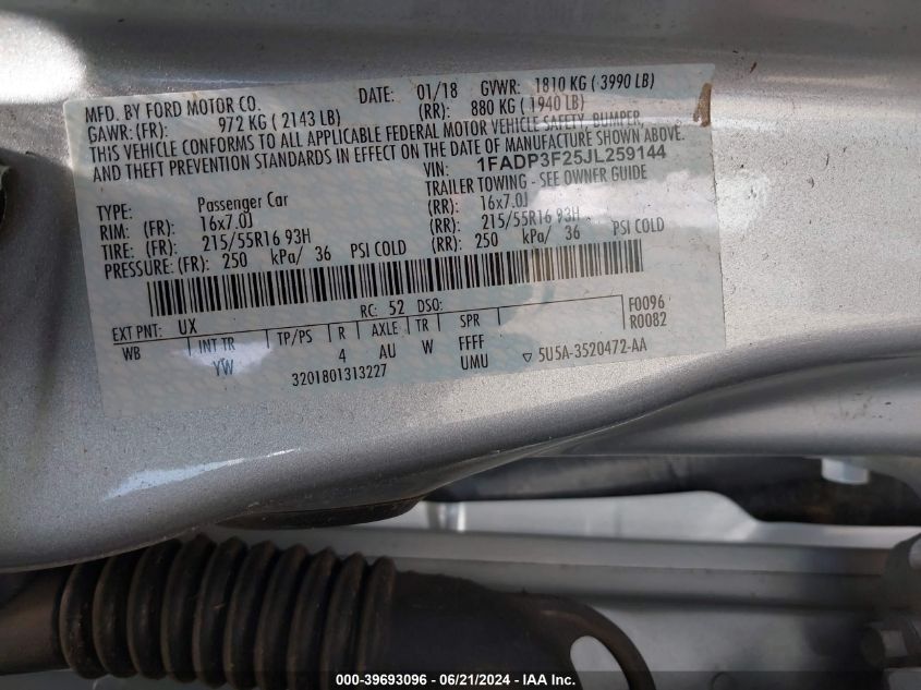 2018 Ford Focus Se VIN: 1FADP3F25JL259144 Lot: 39693096