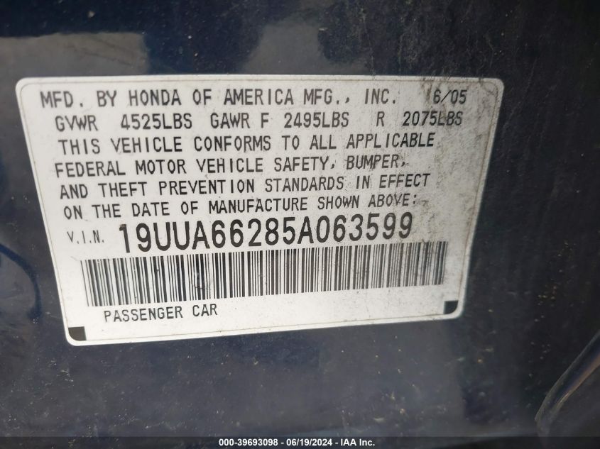 19UUA66285A063599 2005 Acura Tl