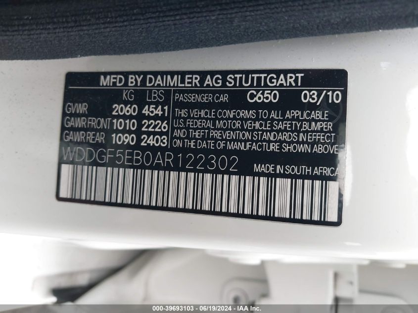 2010 Mercedes-Benz C 300 Luxury/Sport VIN: WDDGF5EB0AR122302 Lot: 39693103