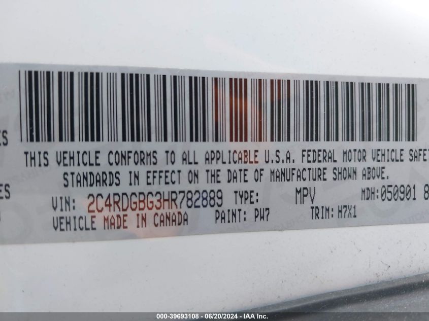 2017 Dodge Grand Caravan Se VIN: 2C4RDGBG3HR782889 Lot: 39693108