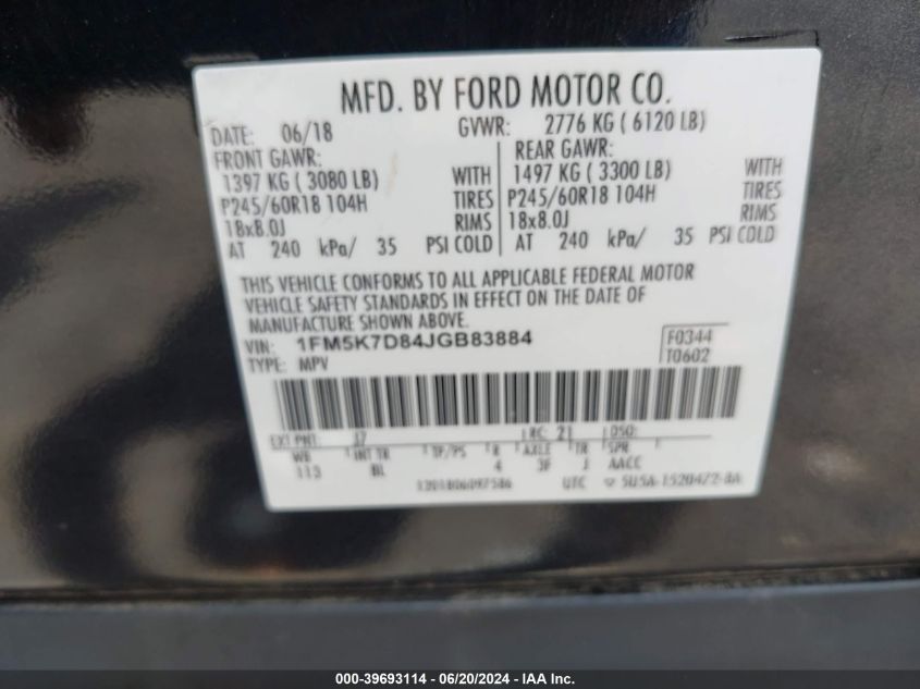 2018 Ford Explorer Xlt VIN: 1FM5K7D84JGB83884 Lot: 39693114