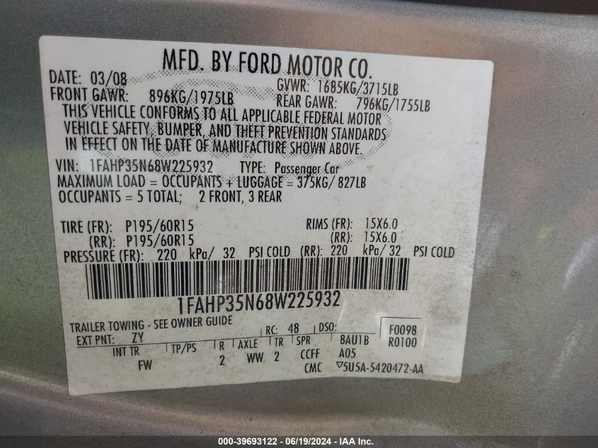 2008 Ford Focus Se/Ses VIN: 1FAHP35N68W225932 Lot: 39693122