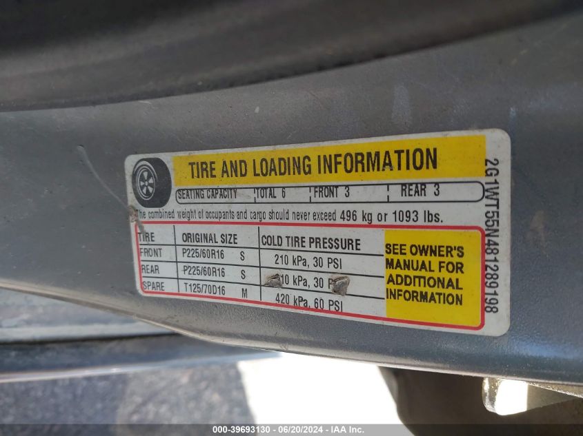 2008 Chevrolet Impala Lt VIN: 2G1WT55N481289198 Lot: 39693130