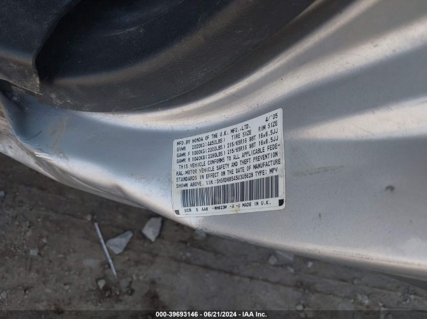 2005 Honda Cr-V Lx VIN: SHSRD68545U305629 Lot: 39693146