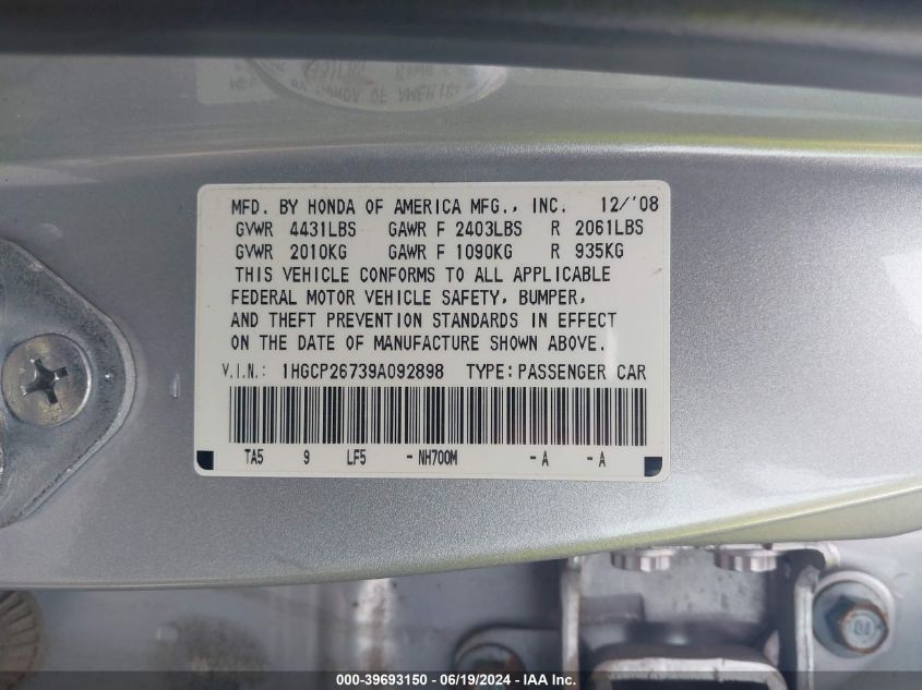 2009 Honda Accord Ex VIN: 1HGCP26739A092898 Lot: 39693150