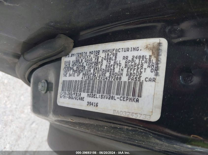 1999 Toyota Camry Ce/Le/Xle VIN: 4T1BG22K3XU437200 Lot: 39693156