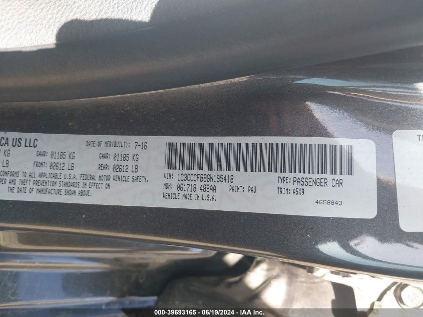 2016 Chrysler 200 Lx VIN: 1C3CCCFB9GN195418 Lot: 39693165