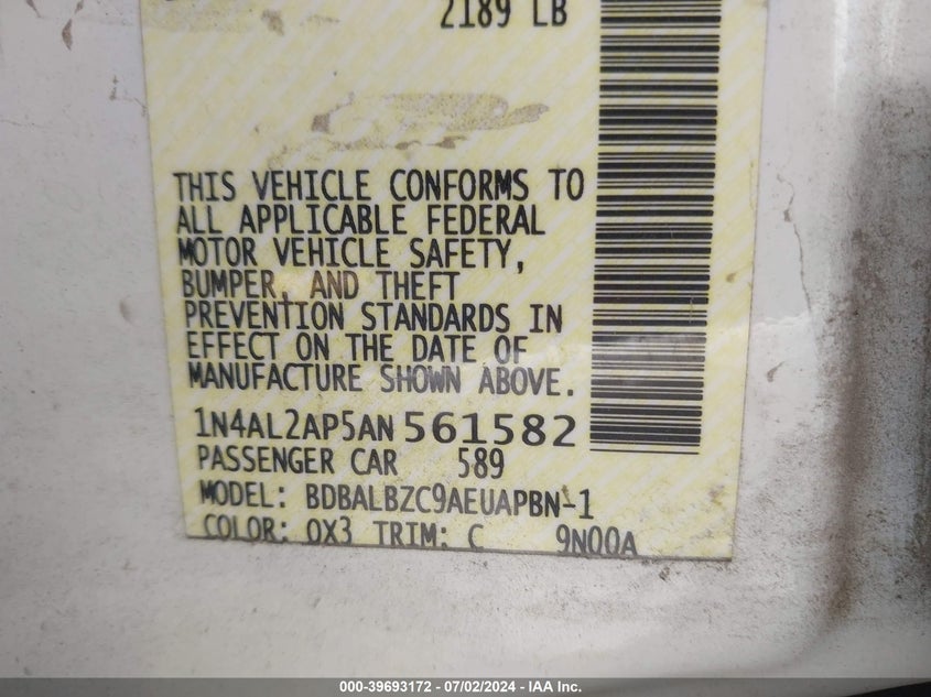 2010 Nissan Altima 2.5 S VIN: 1N4AL2AP5AN561582 Lot: 39693172