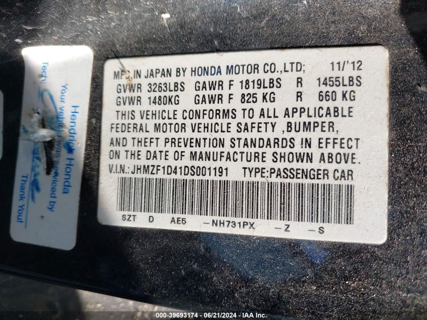 2013 Honda Cr-Z VIN: JHMZF1D41DS001191 Lot: 39693174