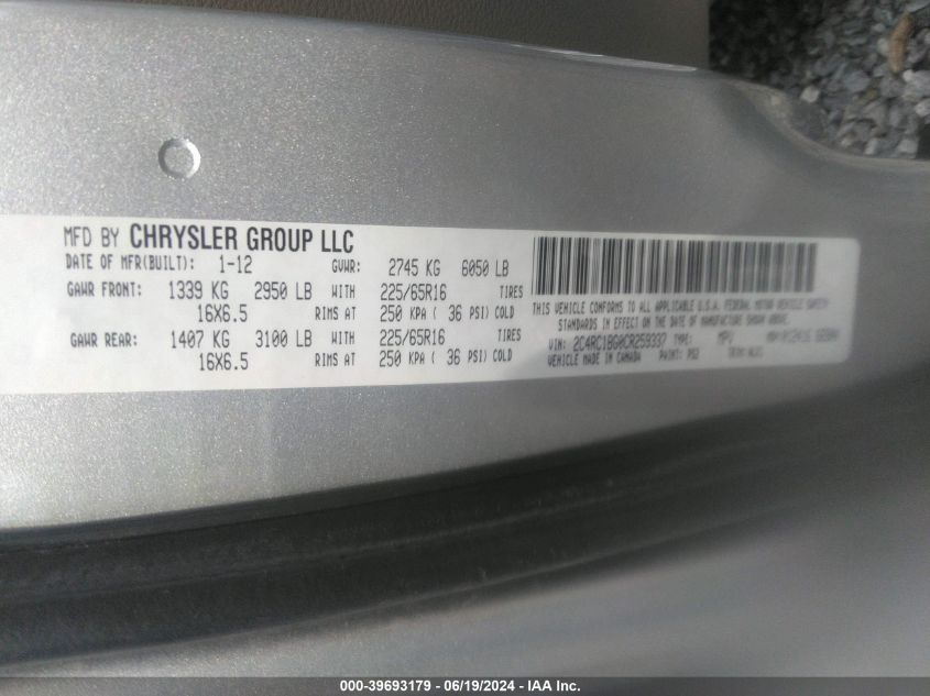 2012 Chrysler Town & Country Touring VIN: 2C4RC1BG0CR259337 Lot: 39693179