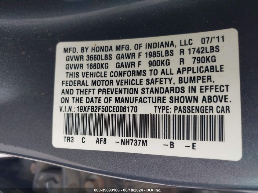 2012 Honda Civic Lx VIN: 19XFB2F50CE006170 Lot: 39693186