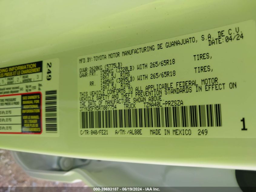 2024 Toyota Tacoma Trd Sport VIN: 3TYKB5FN5RT007754 Lot: 39693187