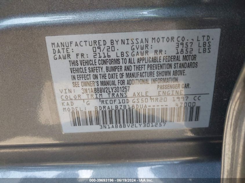 2020 Nissan Sentra S Xtronic Cvt VIN: 3N1AB8BV2LY301257 Lot: 39693196