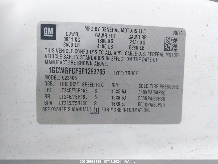 2015 Chevrolet Express 2500 Work Van VIN: 1GCWGFCF9F1283705 Lot: 39693198