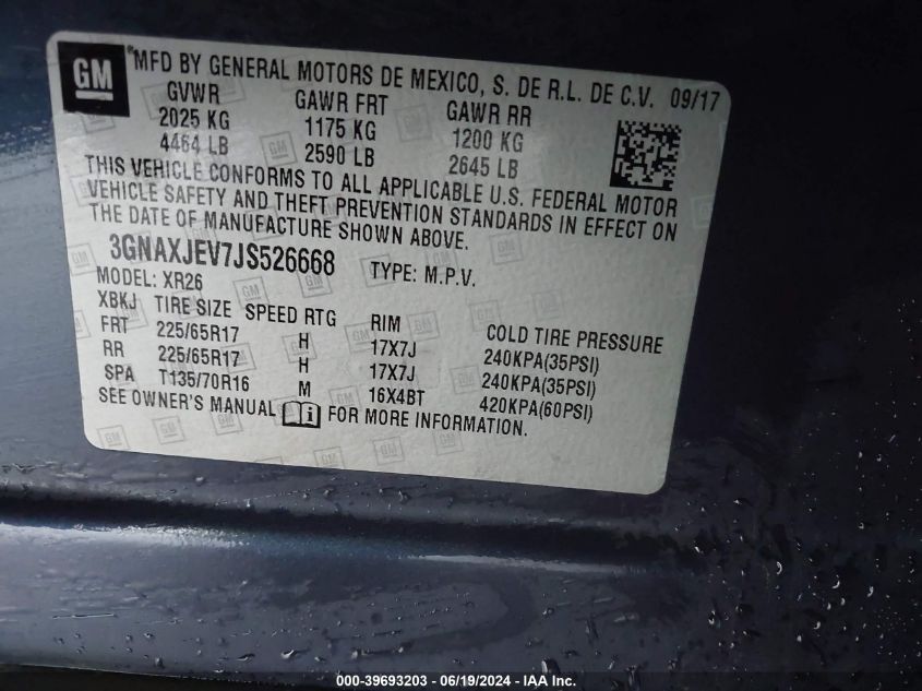 2018 Chevrolet Equinox Lt VIN: 3GNAXJEV7JS526668 Lot: 39693203