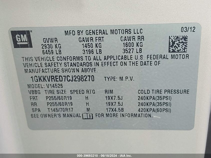 2012 GMC Acadia Slt-1 VIN: 1GKKVRED7CJ298270 Lot: 39693210