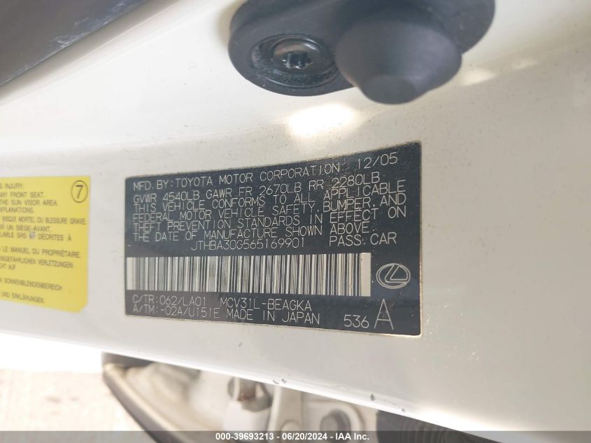 2006 Lexus Es 330 VIN: JTHBA30G565169901 Lot: 39693213