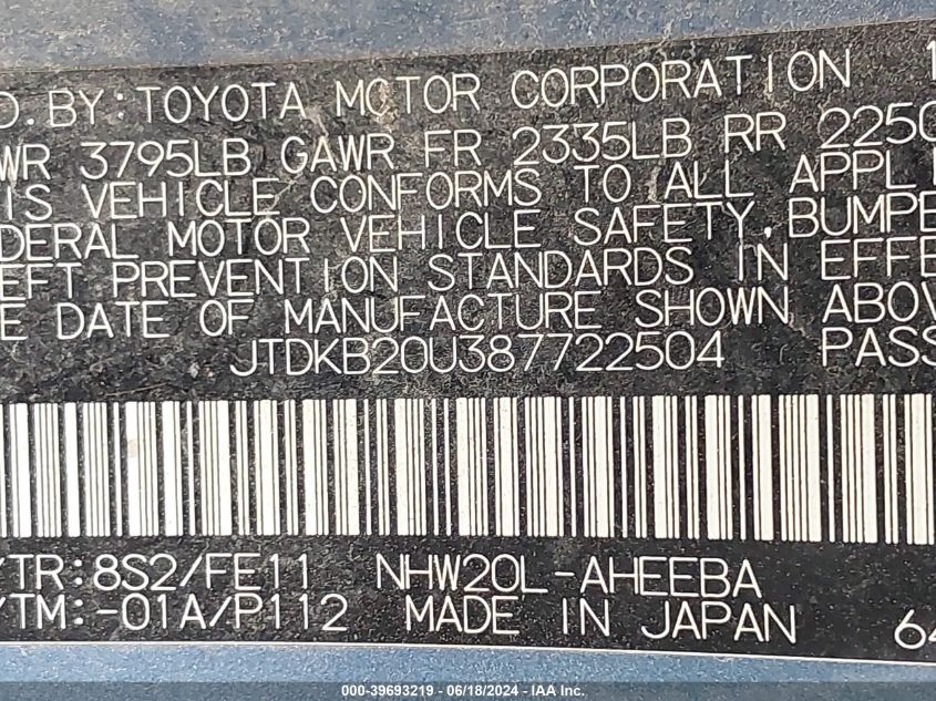 2008 Toyota Prius VIN: JTDKB20U387722504 Lot: 39693219