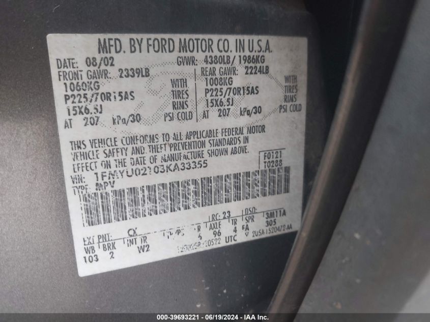 2003 Ford Escape VIN: 1FMY02103KA33355 Lot: 39693221