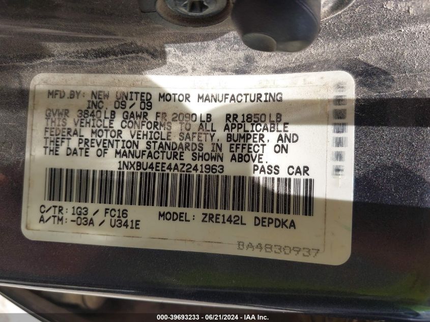 2010 Toyota Corolla S/Le/Xle VIN: 1NXBU4EE4AZ241963 Lot: 39693233