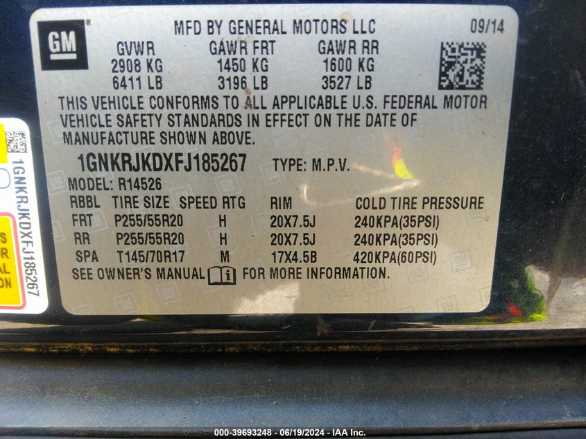 2015 Chevrolet Traverse Ltz VIN: 1GNKRJKDXFJ185267 Lot: 39693248