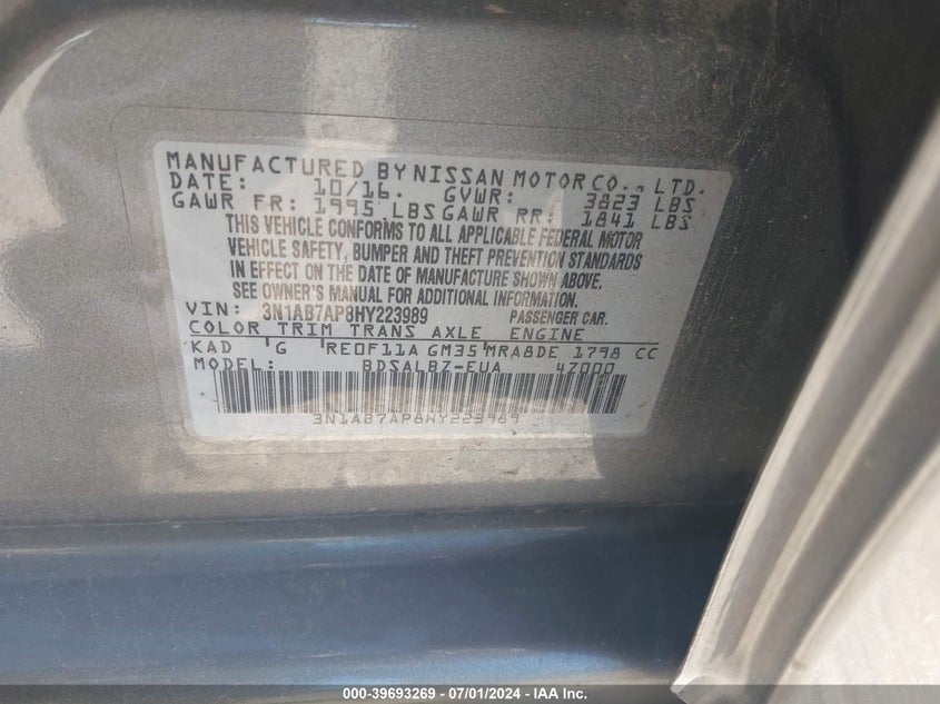 2017 Nissan Sentra S VIN: 3N1AB7AP8HY223989 Lot: 39693269