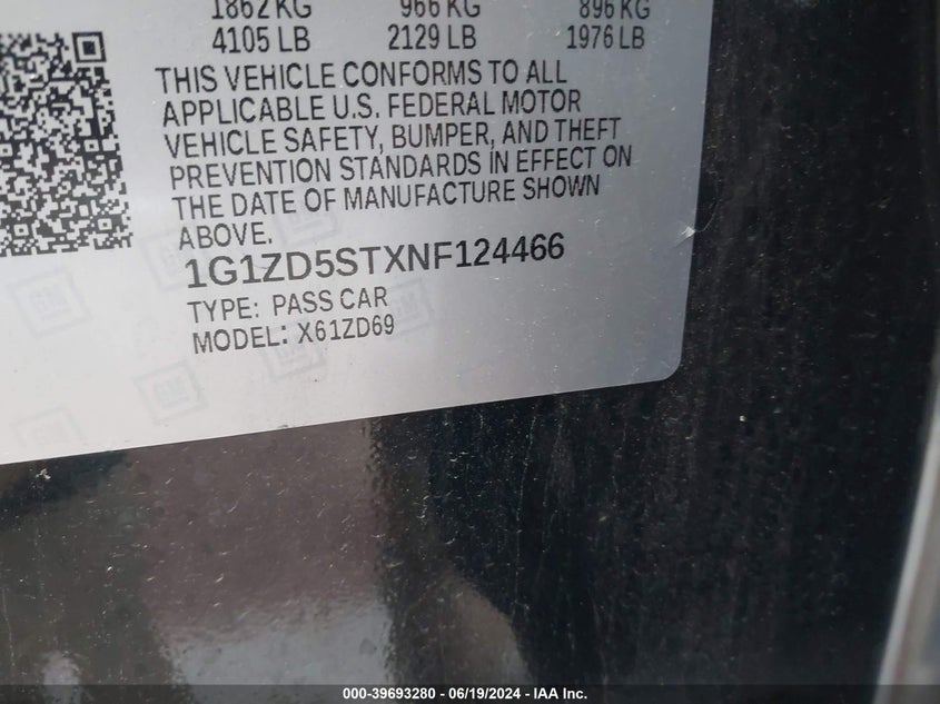 2022 Chevrolet Malibu Lt VIN: 1G1ZD5STXNF124466 Lot: 39693280