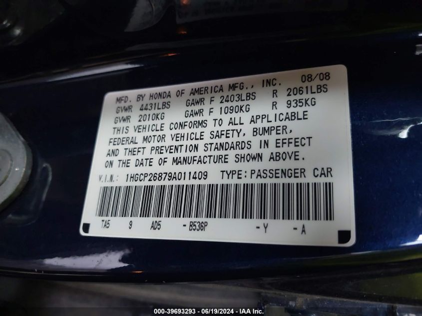2009 Honda Accord 2.4 Ex-L VIN: 1HGCP26879A011409 Lot: 39693293