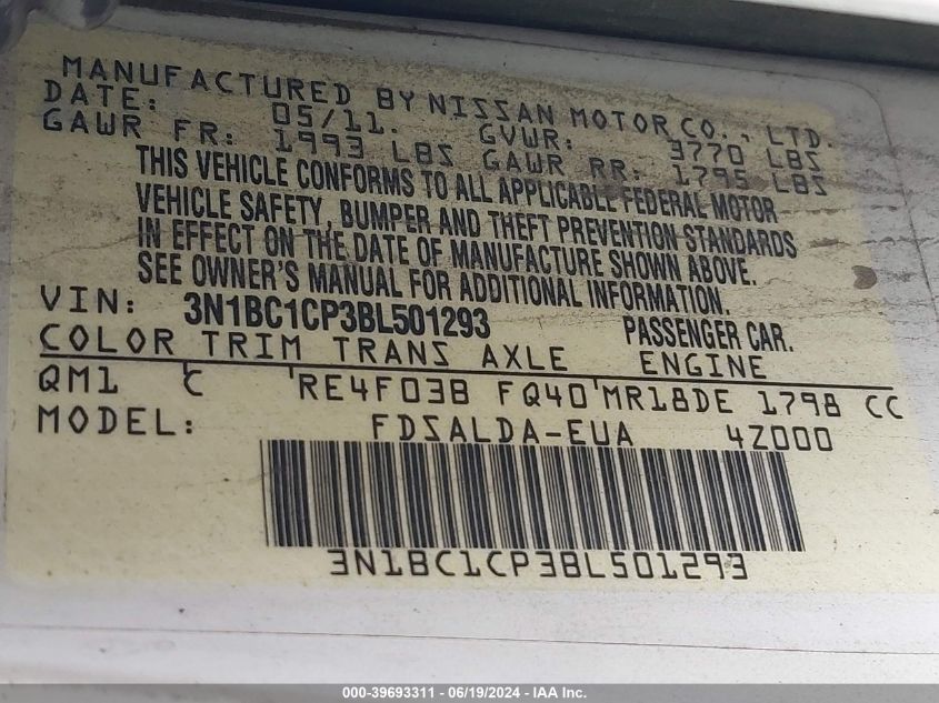 2011 Nissan Versa S/Sl VIN: 3N1BC1CP3BL501293 Lot: 39693311