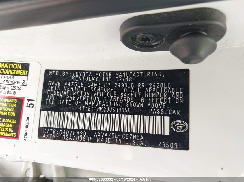 2018 TOYOTA CAMRY LE - 4T1B11HK2JU591956