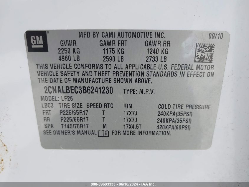 2011 Chevrolet Equinox Ls VIN: 2CNALBEC3B6241230 Lot: 39693333