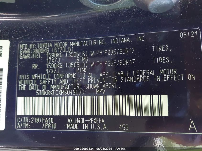 2021 Toyota Sienna Le VIN: 5TDKRKECXMS049030 Lot: 39693334