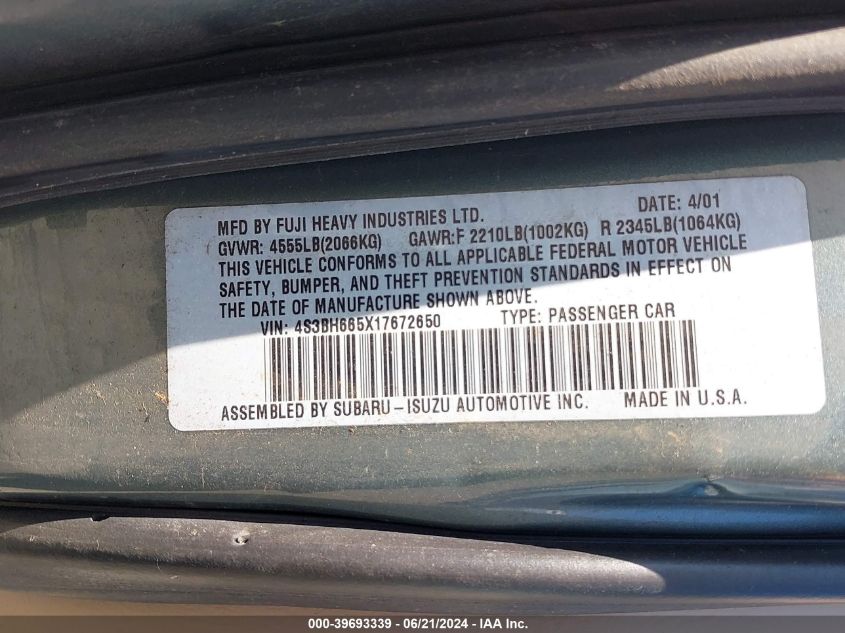 2001 Subaru Outback VIN: 4S3BH665X17672650 Lot: 39693339