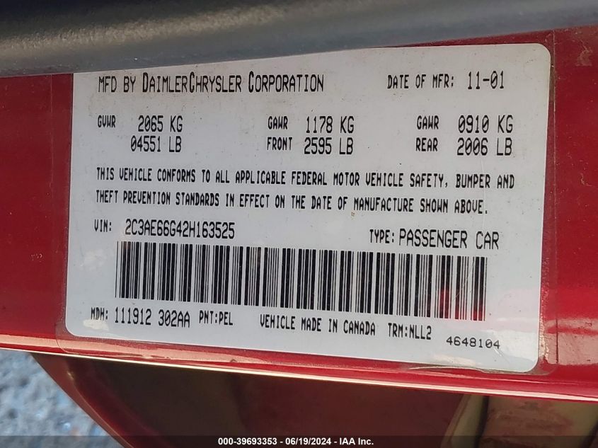 2002 Chrysler 300M VIN: 2C3AE66G42H163525 Lot: 39693353