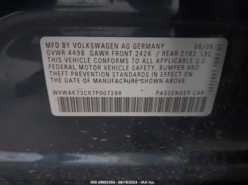 2007 Volkswagen Passat VIN: WVWAK73C67P007288 Lot: 39693354