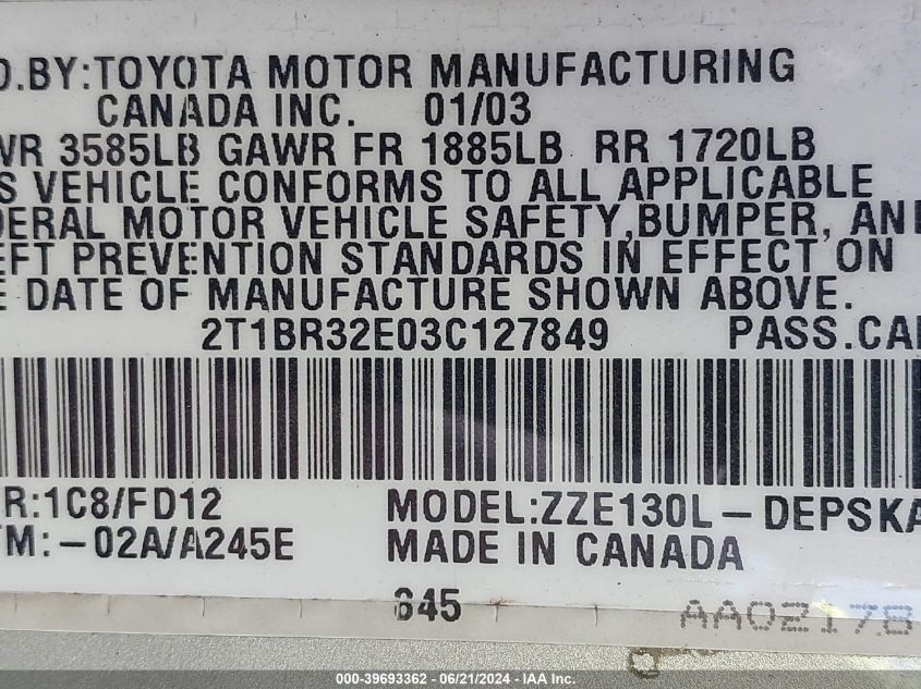 2003 Toyota Corolla S VIN: 2T1BR32E03C127849 Lot: 39693362