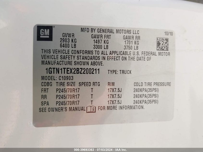 2011 GMC Sierra 1500 Work Truck VIN: 1GTN1TEX2BZ200211 Lot: 39693363