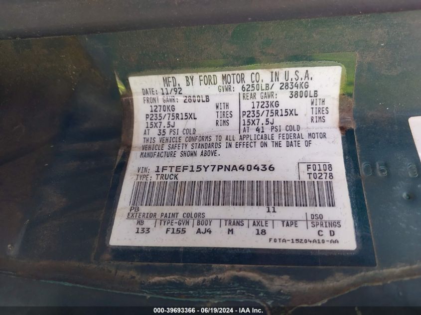 1993 Ford F150 VIN: 1FTEF15Y7PNA40436 Lot: 39693366