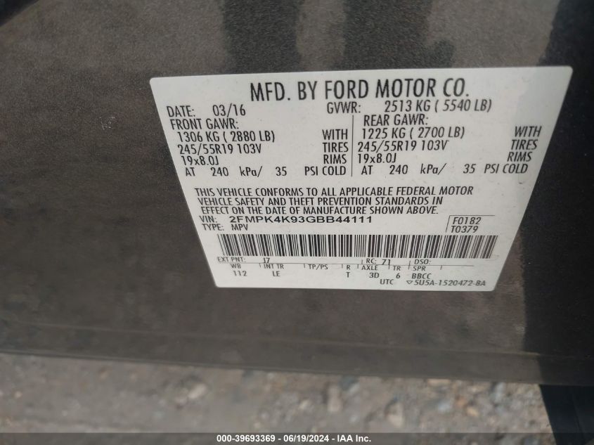 2016 Ford Edge Titanium VIN: 2FMPK4K93GBB44111 Lot: 39693369