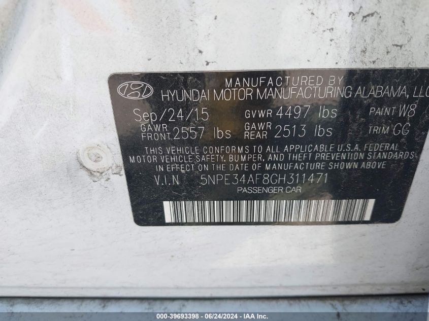 2016 Hyundai Sonata Sport VIN: 5NPE34AF8GH311471 Lot: 39693398