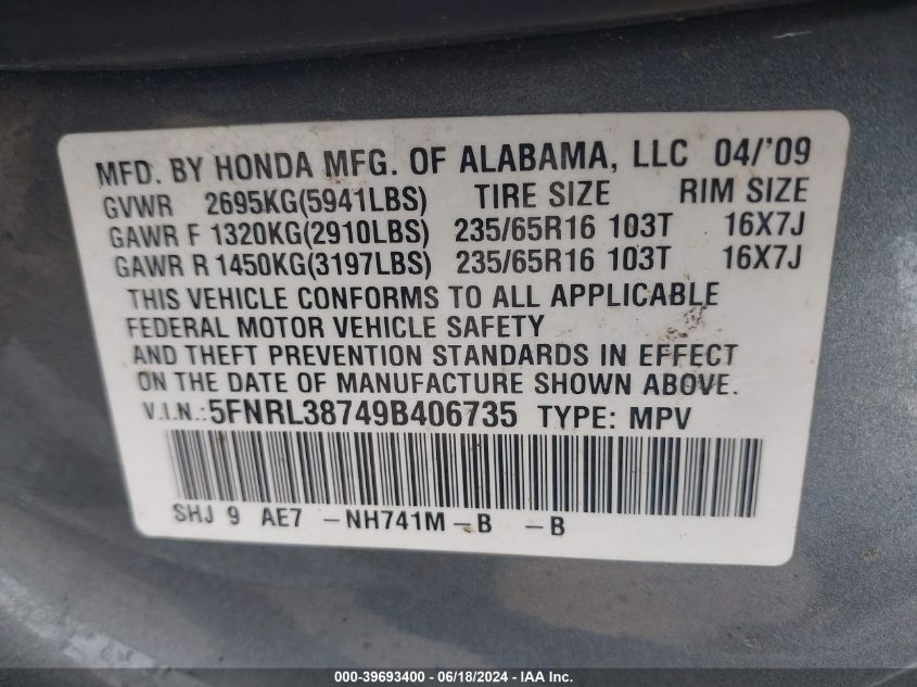 2009 Honda Odyssey Ex-L VIN: 5FNRL38749B406735 Lot: 39693400