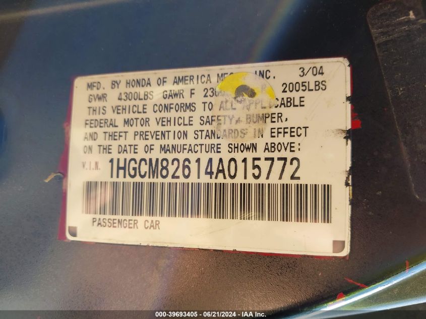 2004 Honda Accord Ex VIN: 1HGCM82614A015772 Lot: 39693405