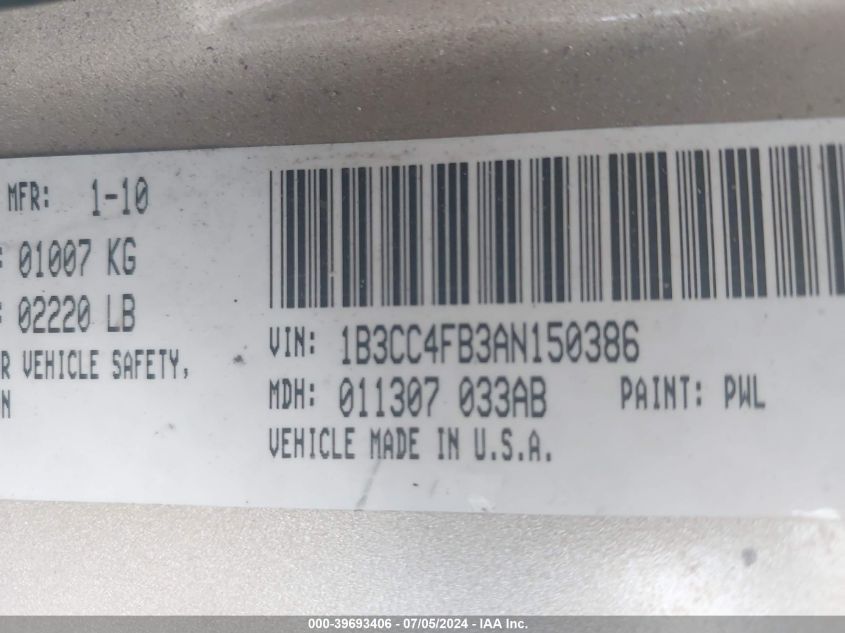 2010 Dodge Avenger Sxt VIN: 1B3CC4FB3AN150386 Lot: 39693406