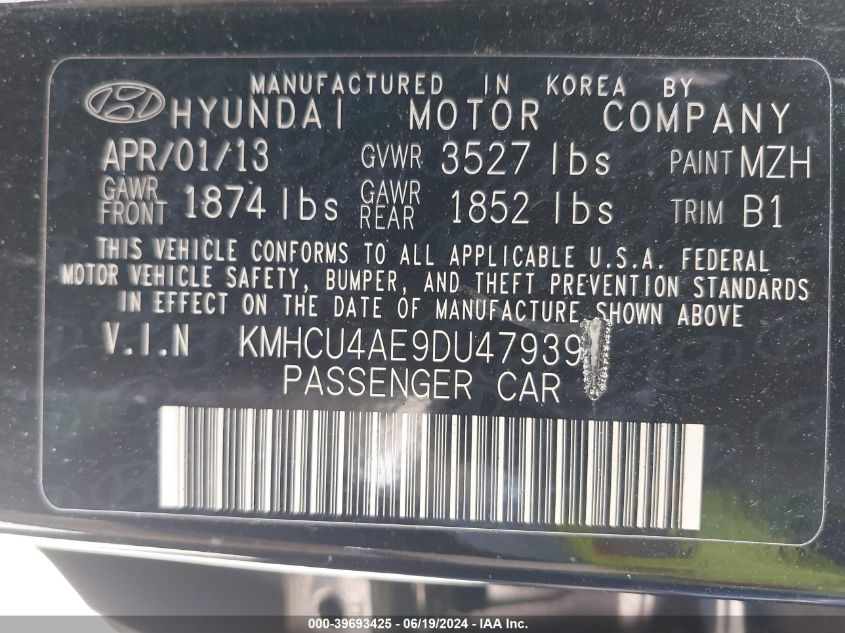 2013 Hyundai Accent Gls VIN: KMHCU4AE9DU479399 Lot: 39693425