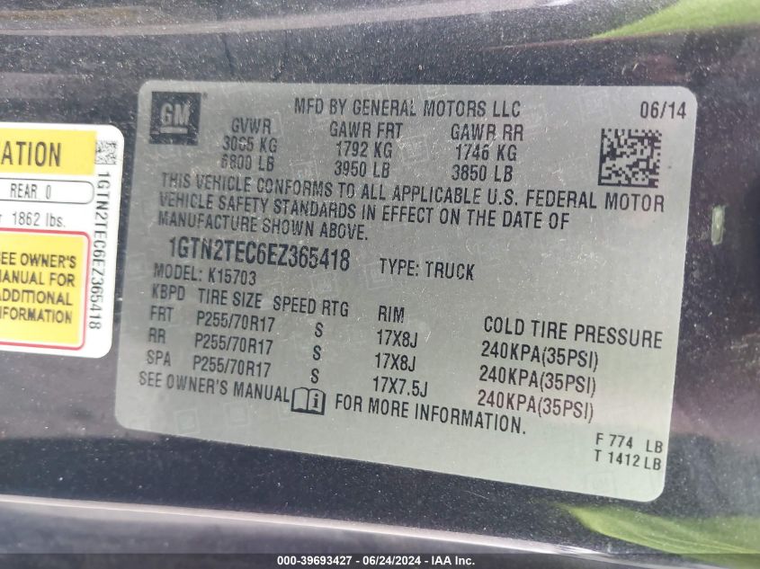 2014 GMC Sierra 1500 VIN: 1GTN2TEC6EZ365418 Lot: 39693427