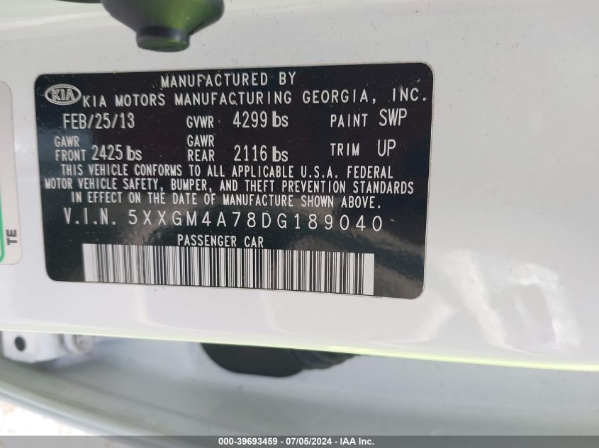 2013 Kia Optima Lx VIN: 5XXGM4A78DG189040 Lot: 39693459