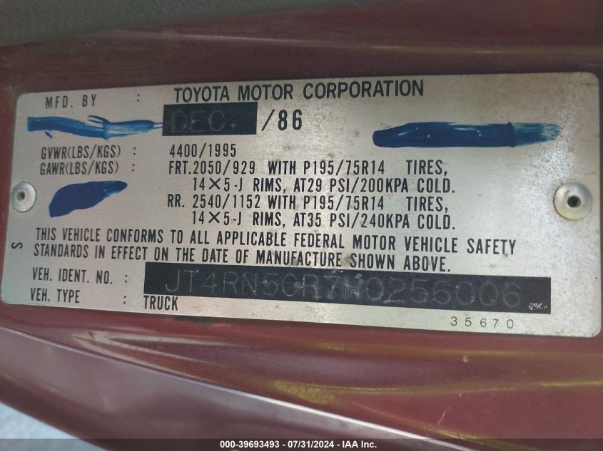 1987 Toyota Pickup 1/2 Ton Rn50 VIN: JT4RN50R7H0256006 Lot: 39693493