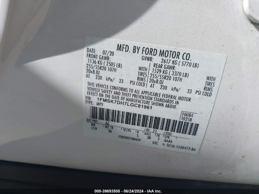 2020 Ford Explorer Xlt VIN: 1FMSK7DH7LGC81961 Lot: 39693505