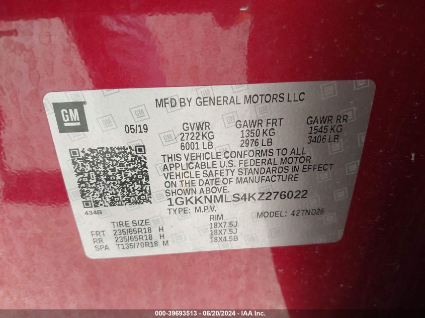 2019 GMC Acadia Slt-1 VIN: 1GKKNMLS4KZ276022 Lot: 39693513