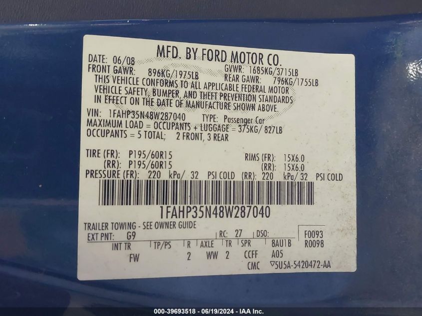 1FAHP35N48W287040 | 2008 FORD FOCUS